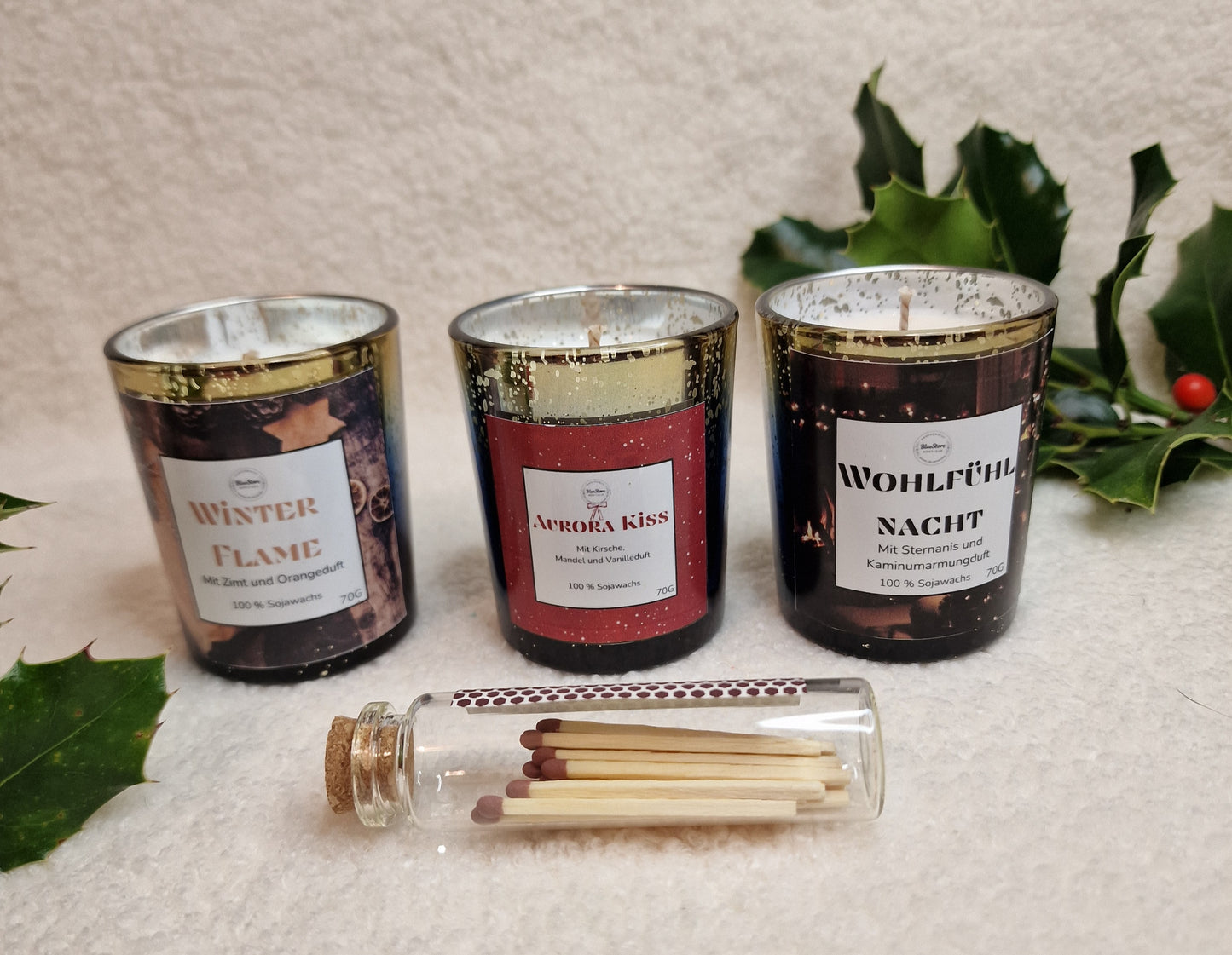 EwigAurora – Dreier-Kerzenset: Aurora Kiss, Winter Flame & Wohlfühl Nacht